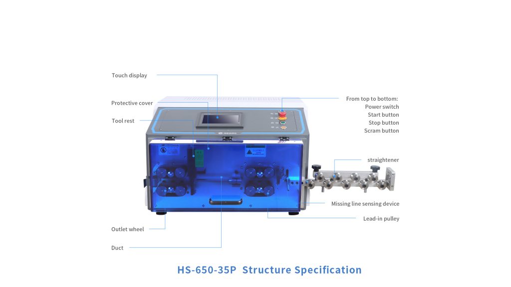 Let’s take a look the HS-650-35P Computer Wire Cutting and Stripping Machine together.